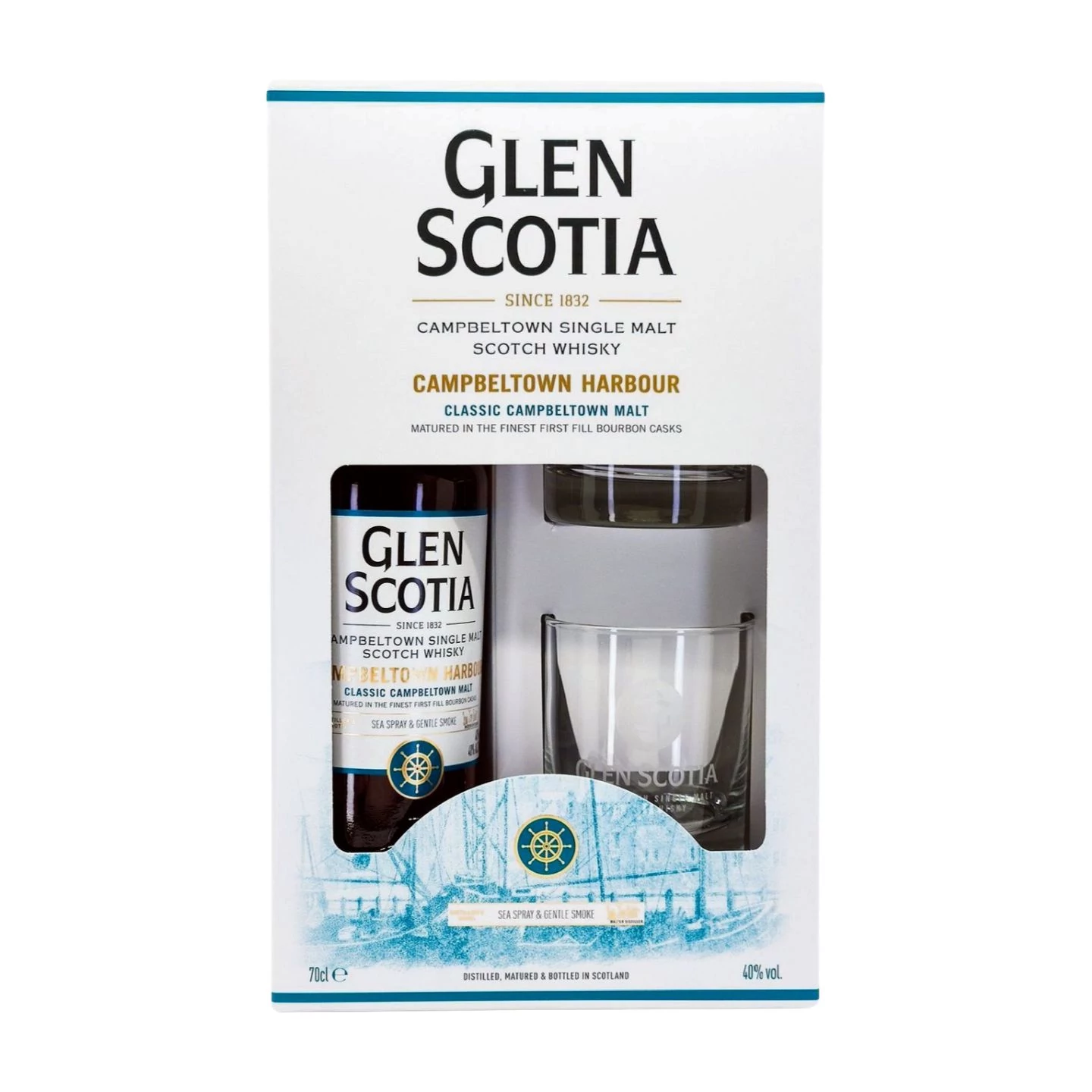 Glen Scotia Campbeltown Harbour whisky ajándékcsomag 2 pohárral DRS (0,7L / 40%)