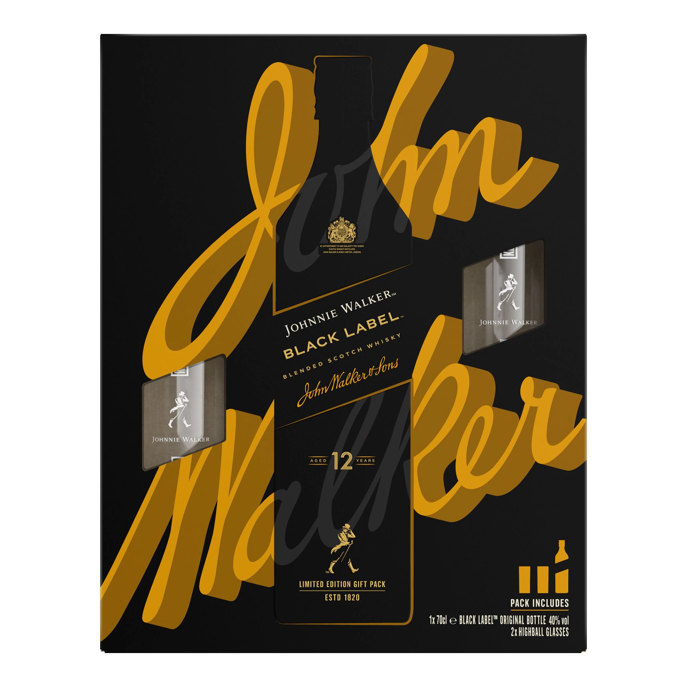 Johnnie Walker Black Label whisky ajándékcsomag 2 highball pohárral (0,7L / 40%)