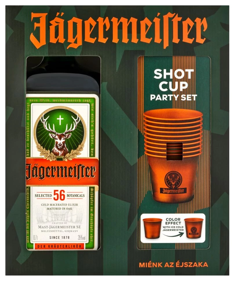 Jägermeister ajándékcsomag 9 színváltós alumínium pohárral DRS (0,7L / 35%)